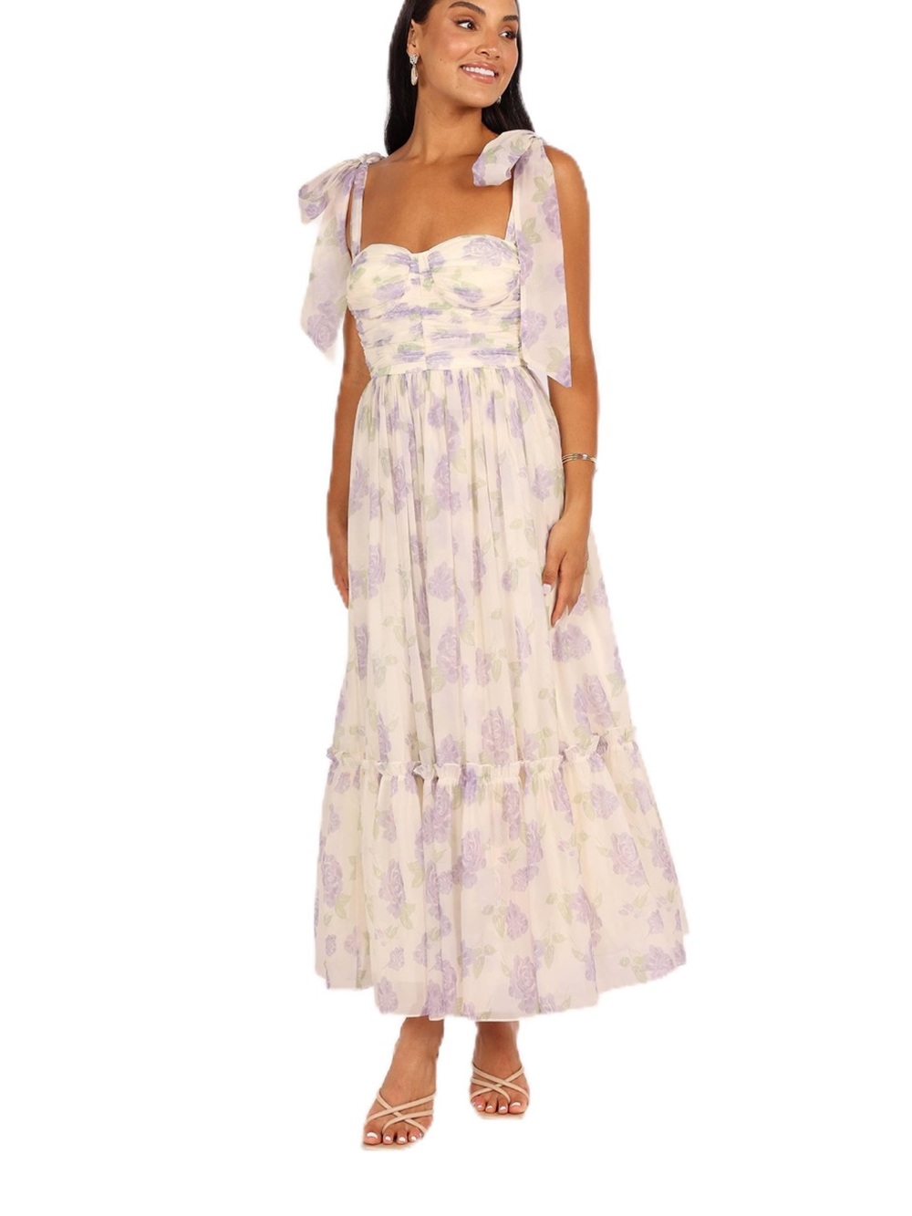 Petal & Pup Cream Midi Dress with Lavender Floral Print